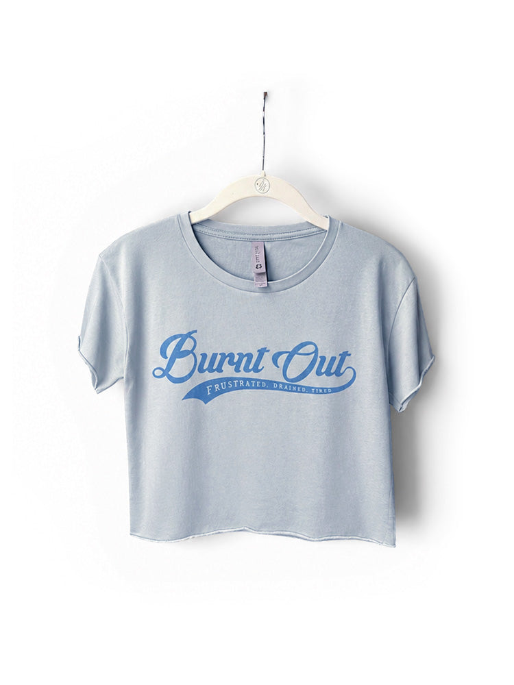 Light blue t-shirt with 'Burnt Out' text on a white background