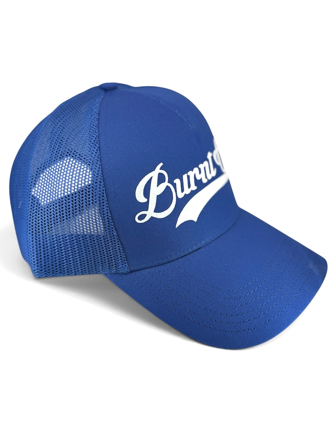 Blue cap with white mesh back and 'Burnt Out' logo on a white background