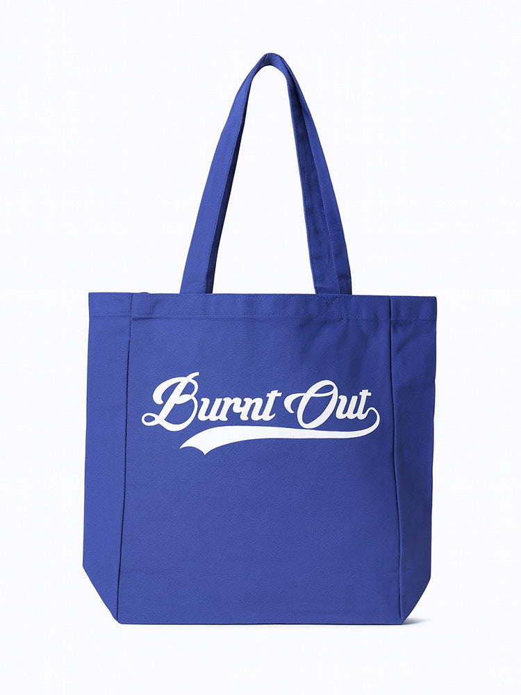 Blue tote bag with 'Burnt Out' text on a white background