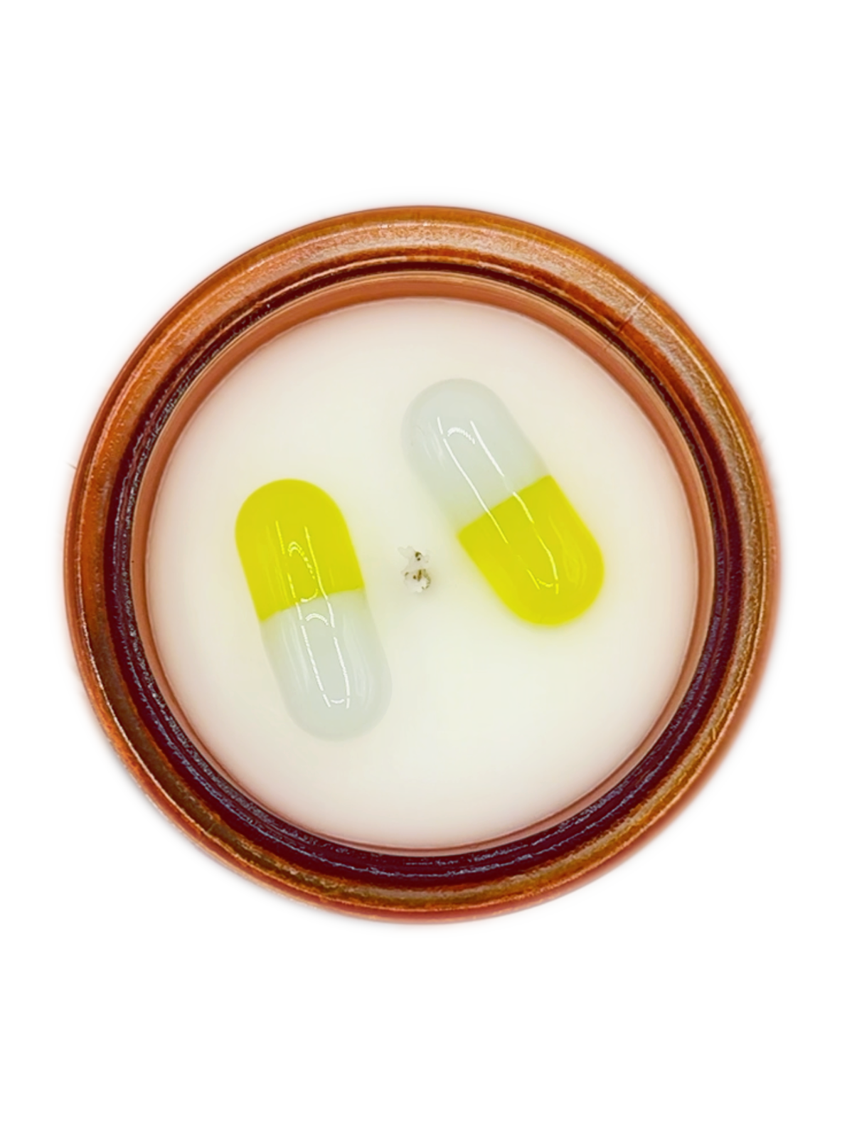 Handmade pharma-satire art candle with letterpress label by Burnt Out Candles.