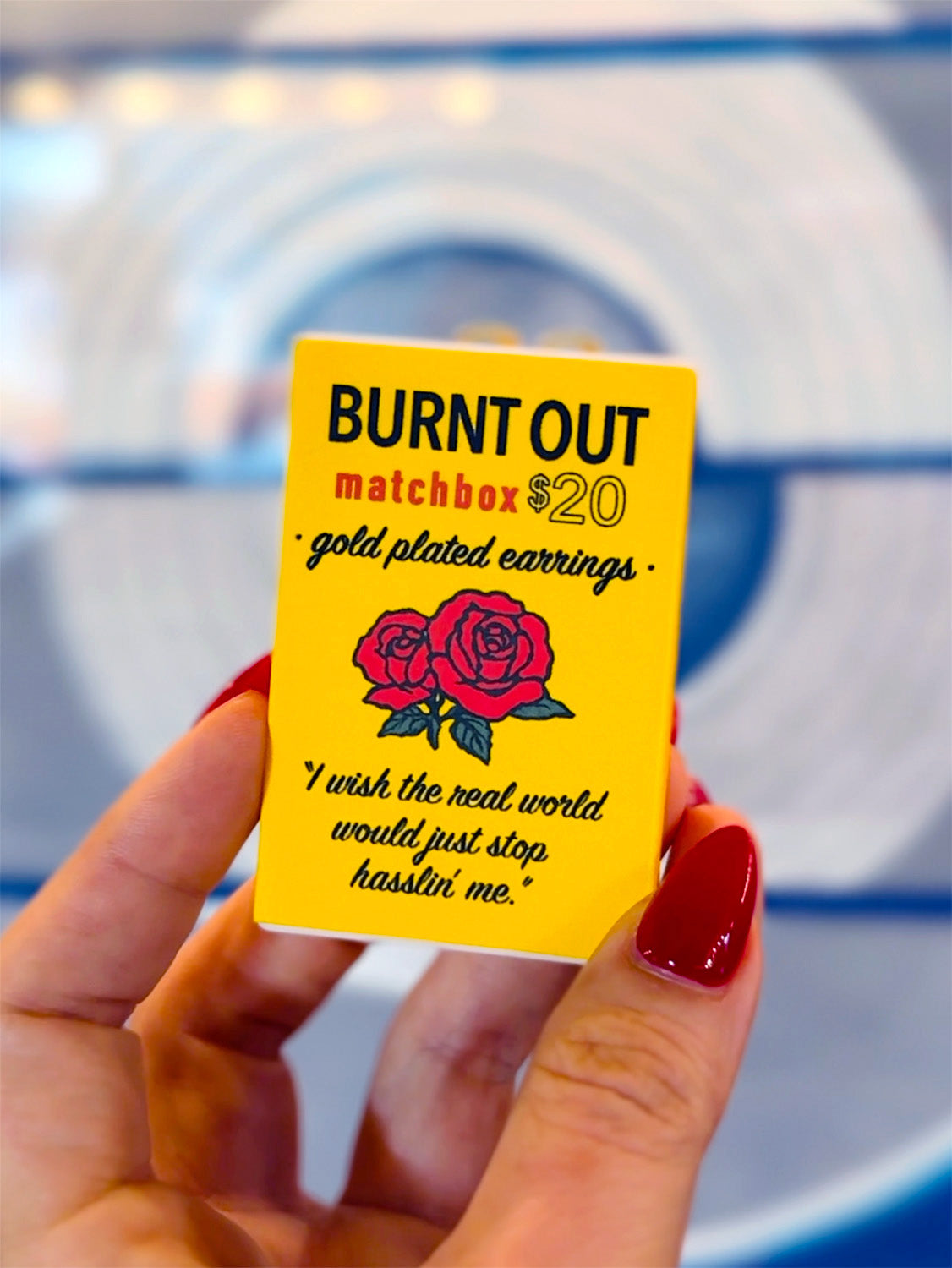 Burnt Out Candles burnt matchstick earrings in an artist made matchbox inspired yellow case