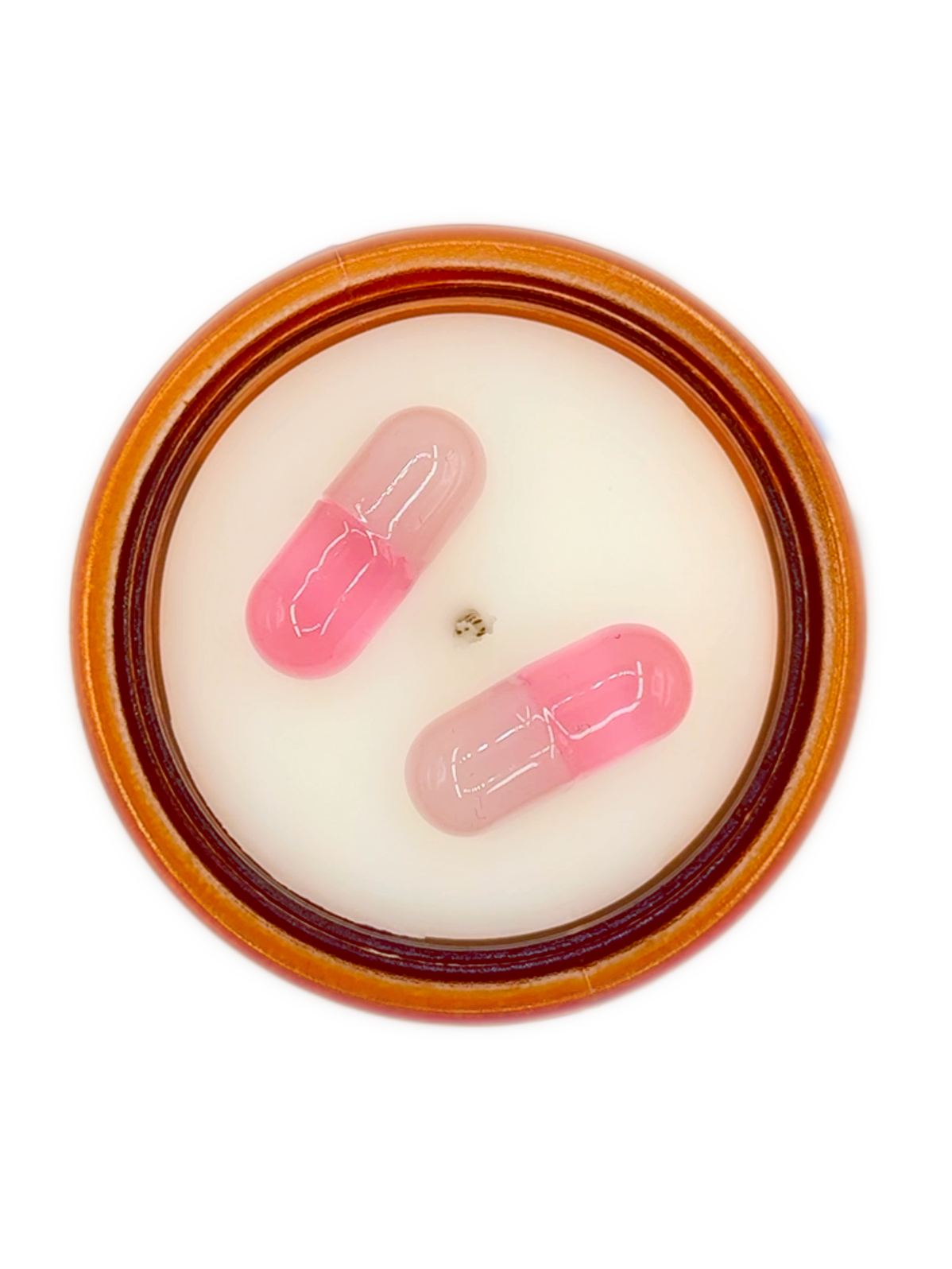 Handmade pharma-satire art candle with letterpress label by Burnt Out Candles.