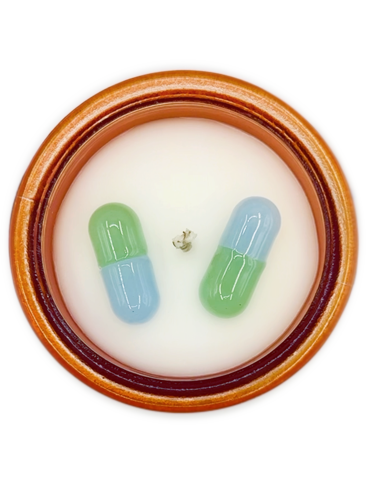 Artist made pharma-satire candle with letterpress label and custom cap by Burnt Out Candles.