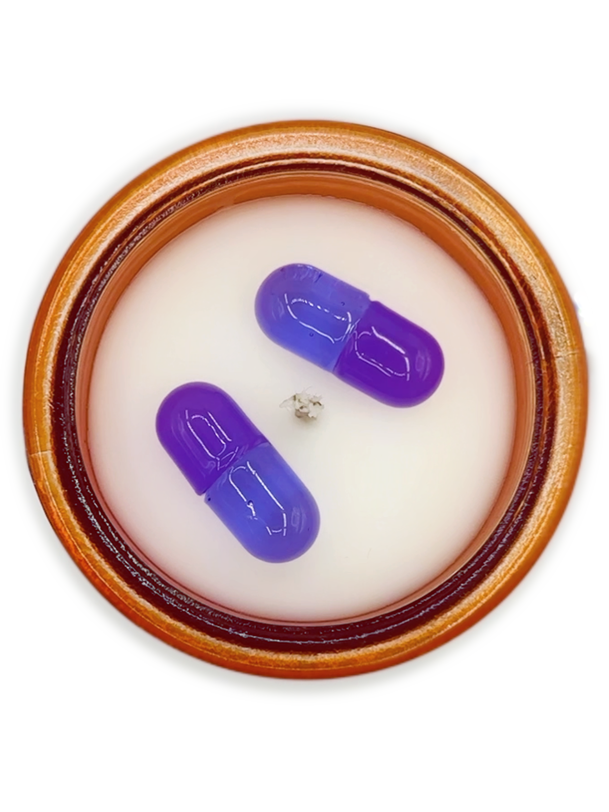 Artist made pharma-satire candle with letterpress label and custom cap by Burnt Out Candles.