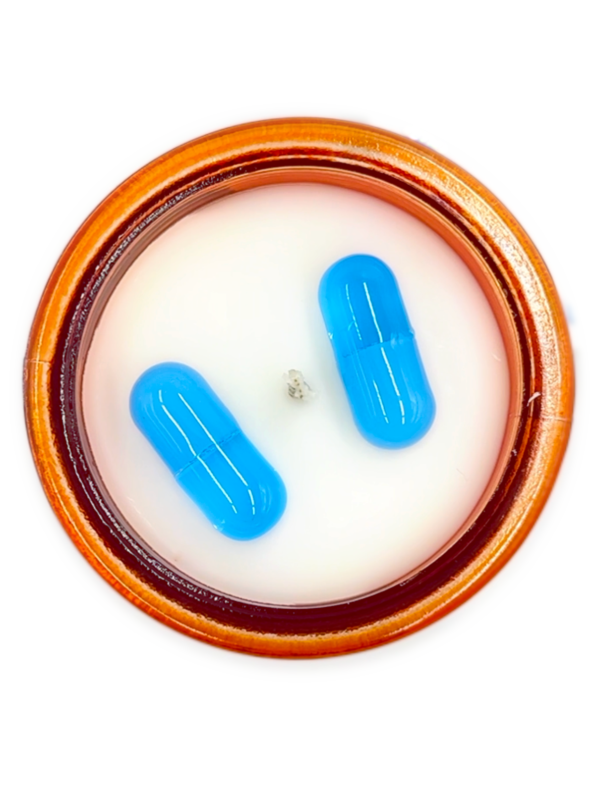 Artist made pharma-satire candle with letterpress label and custom cap by Burnt Out Candles.