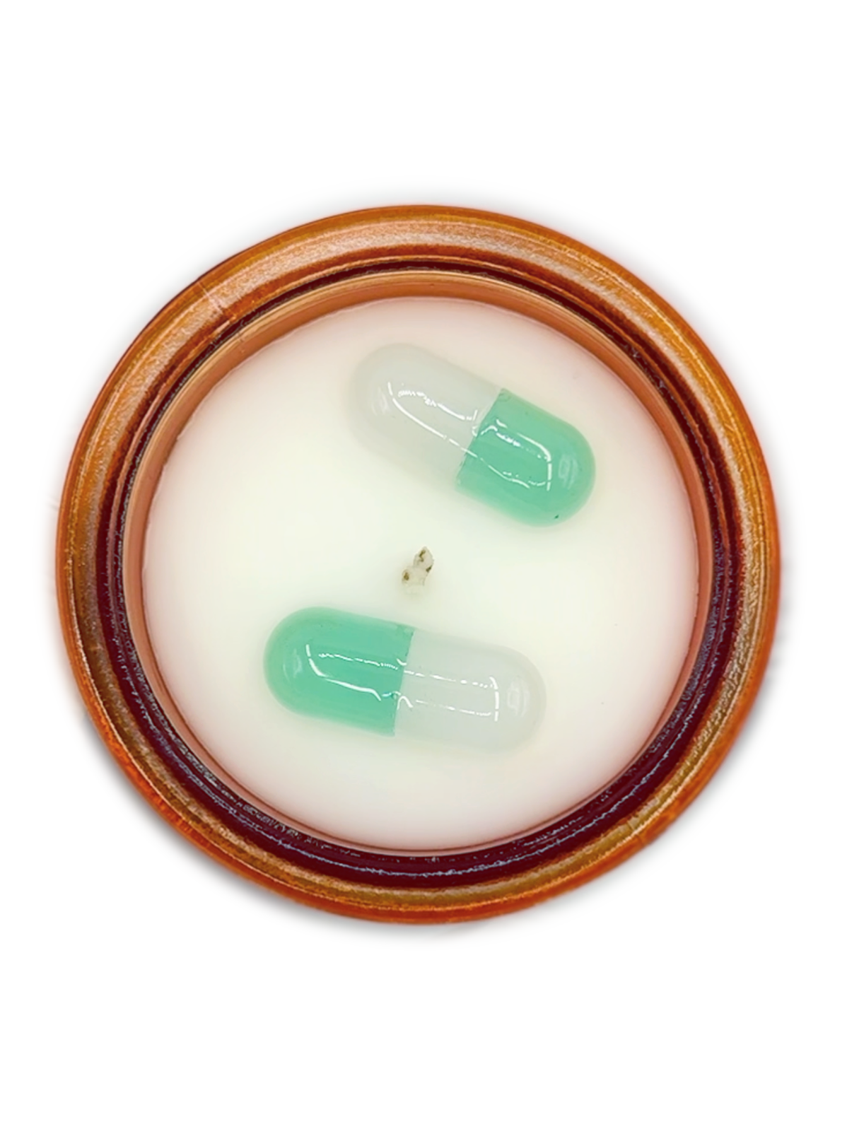 Artist made pharma-satire candle with letterpress label and custom cap by Burnt Out Candles.