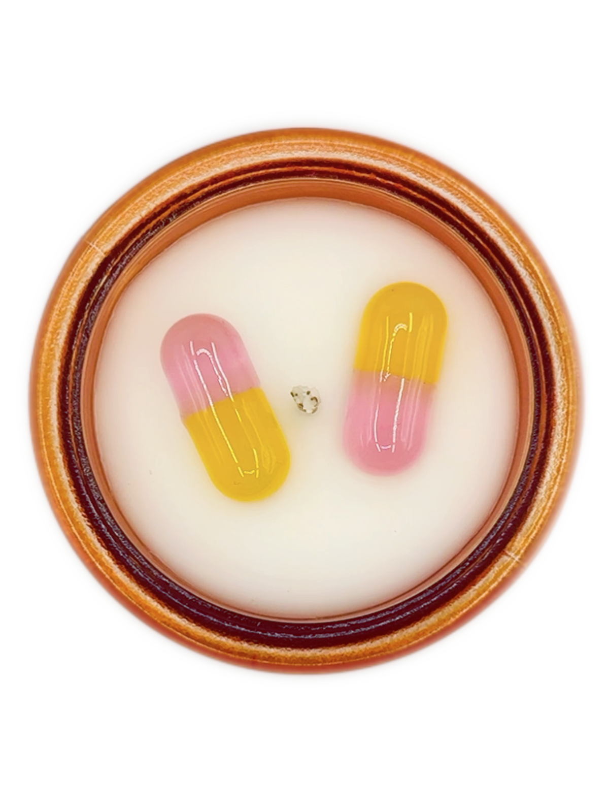 Artist made pharma-satire candle with letterpress label and custom cap by Burnt Out Candles.